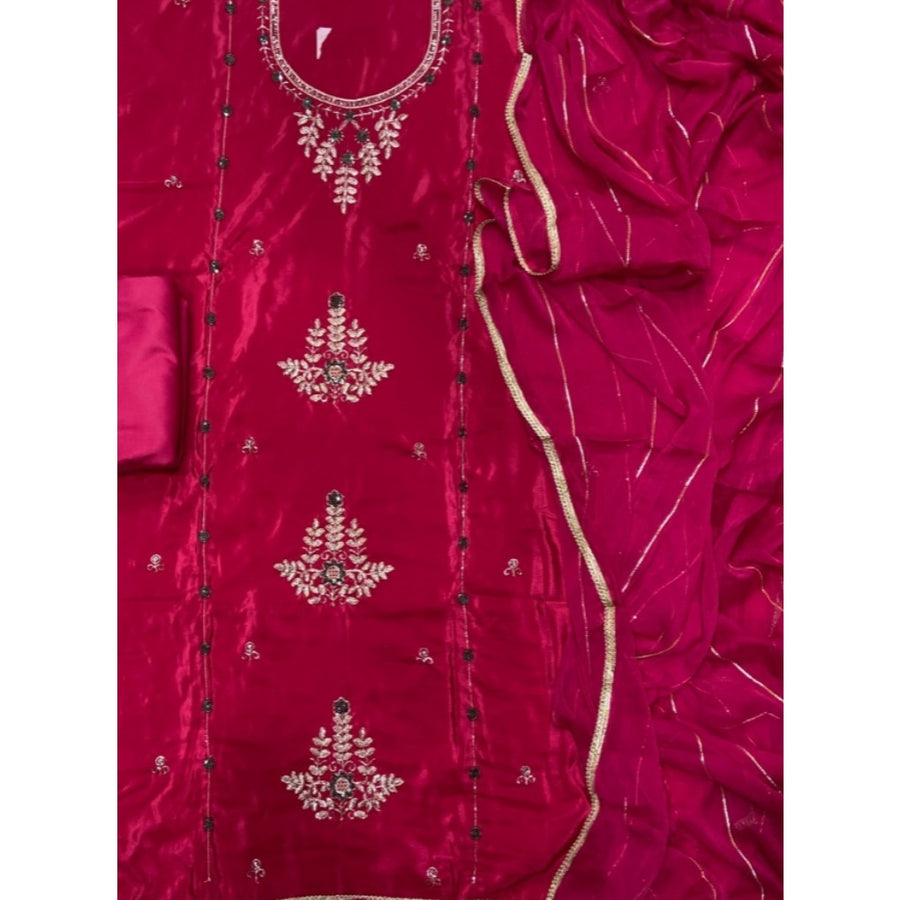 Classy Glass Organza Suit Set with Stone & Zari Thread Work