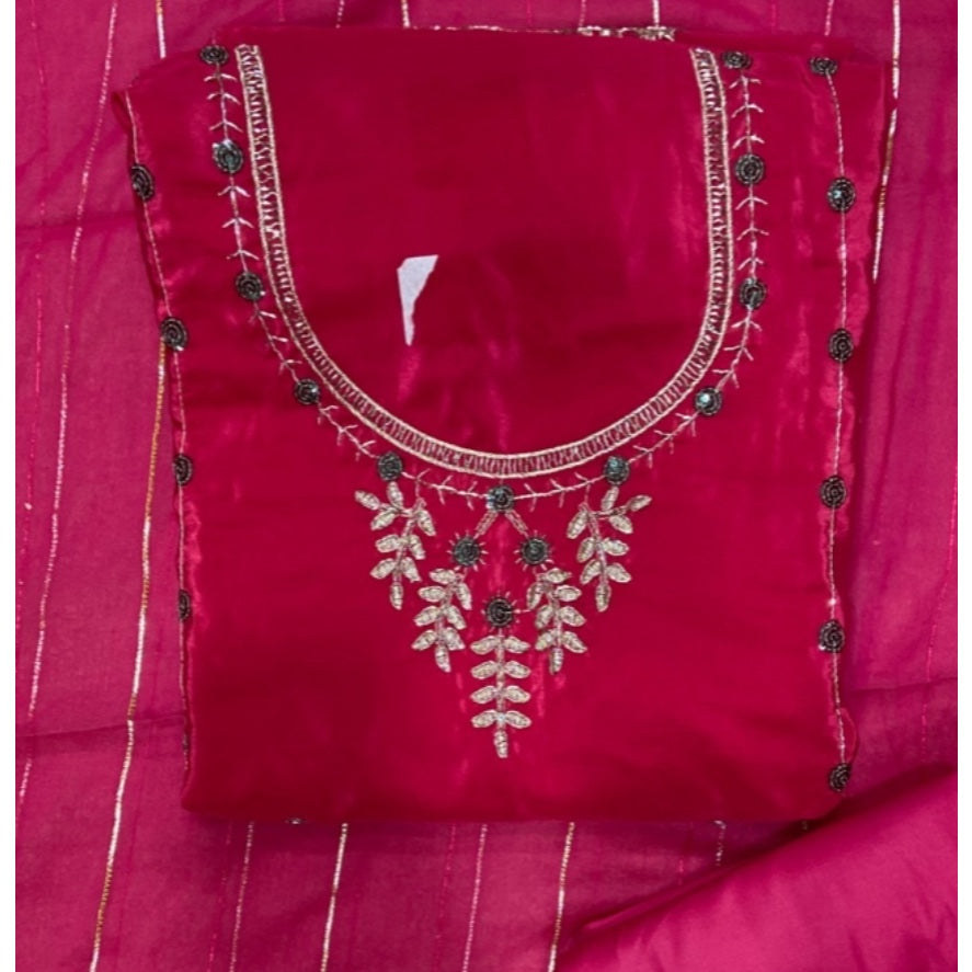 Classy Glass Organza Suit Set with Stone & Zari Thread Work