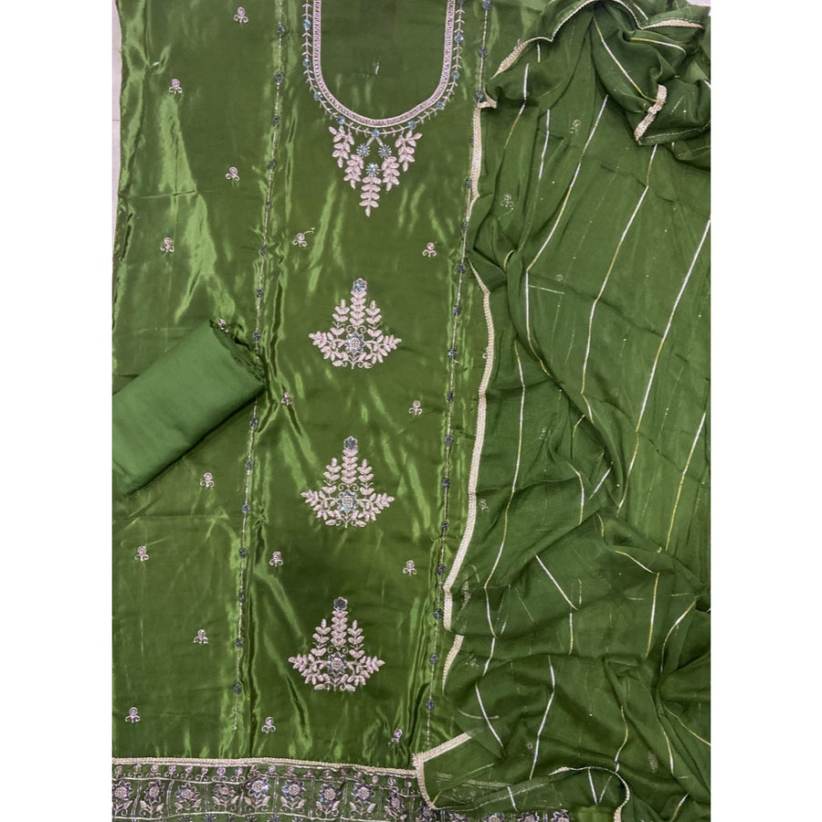 Classy Glass Organza Suit Set with Stone & Zari Thread Work