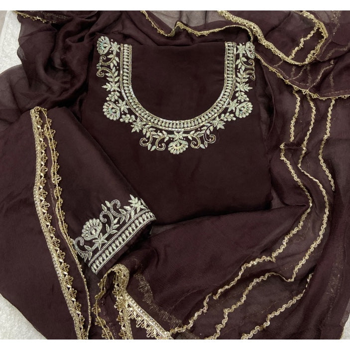 Classy Glass Organza Suit Set with Stone & Zari Thread Work