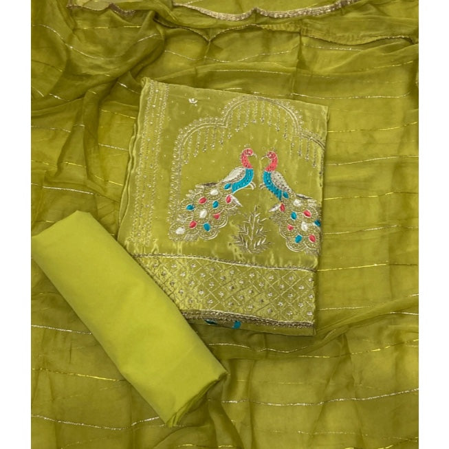 Classy Glass Organza Suit Set with Stone & Zari Thread Work