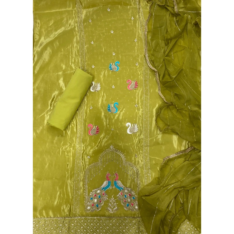 Classy Glass Organza Suit Set with Stone & Zari Thread Work