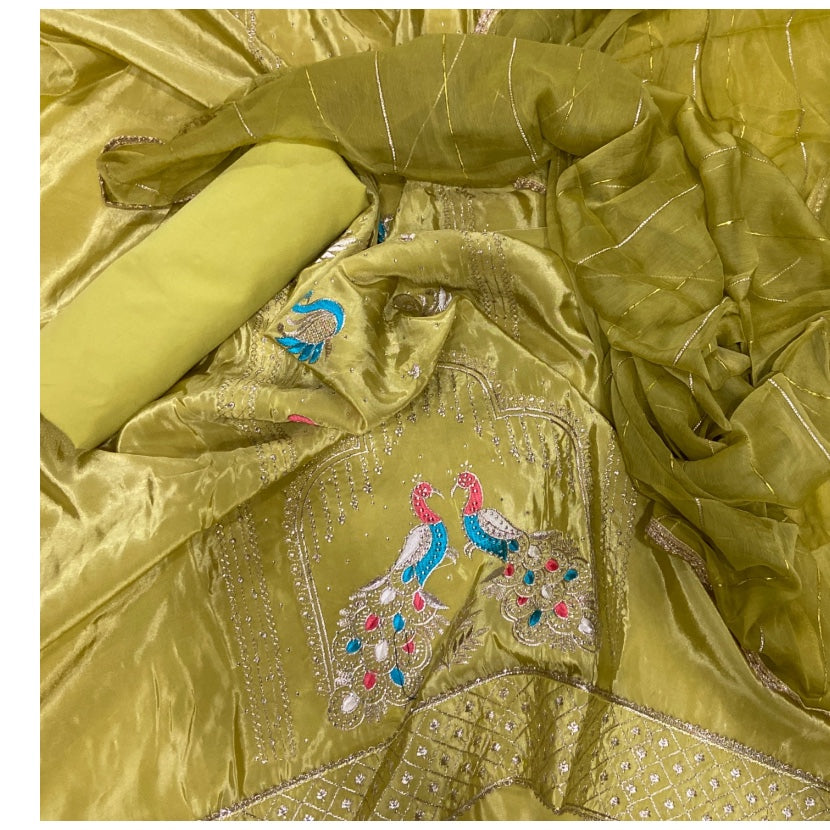 Classy Glass Organza Suit Set with Stone & Zari Thread Work