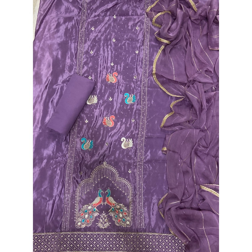 Classy Glass Organza Suit Set with Stone & Zari Thread Work
