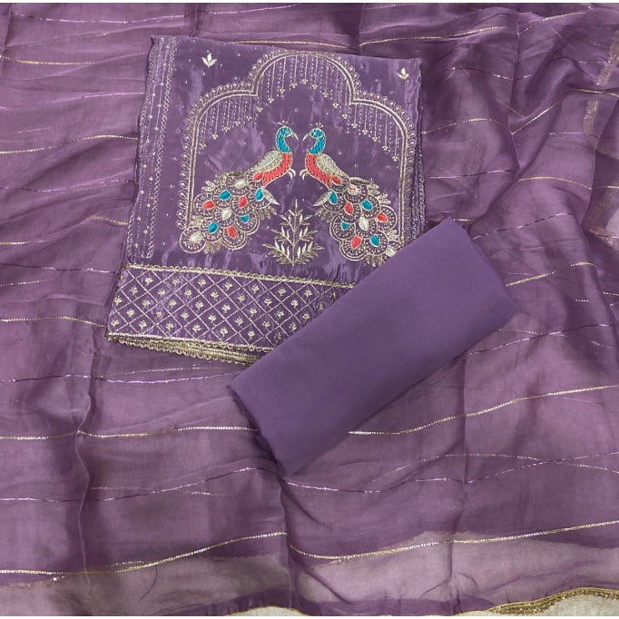 Classy Glass Organza Suit Set with Stone & Zari Thread Work