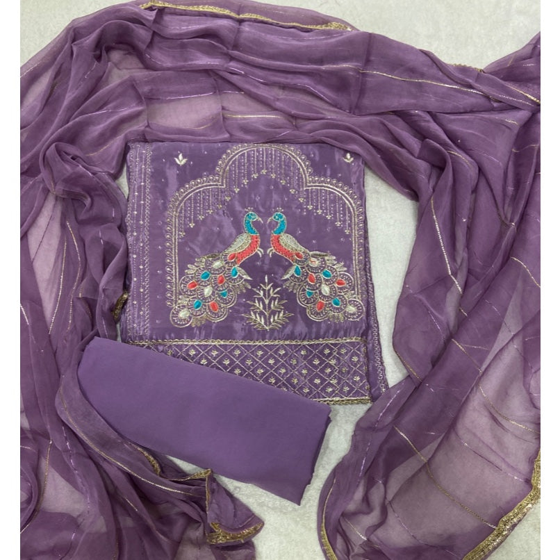 Classy Glass Organza Suit Set with Stone & Zari Thread Work