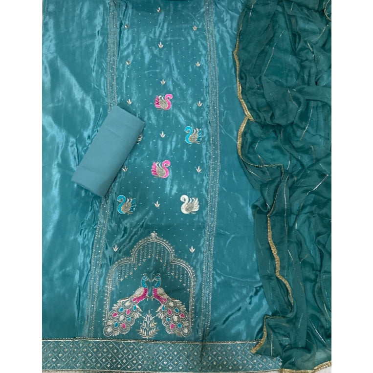 Classy Glass Organza Suit Set with Stone & Zari Thread Work
