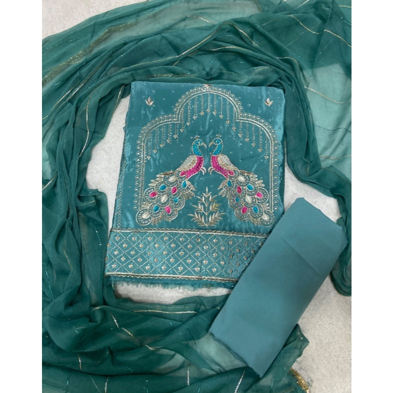 Classy Glass Organza Suit Set with Stone & Zari Thread Work