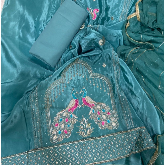 Classy Glass Organza Suit Set with Stone & Zari Thread Work