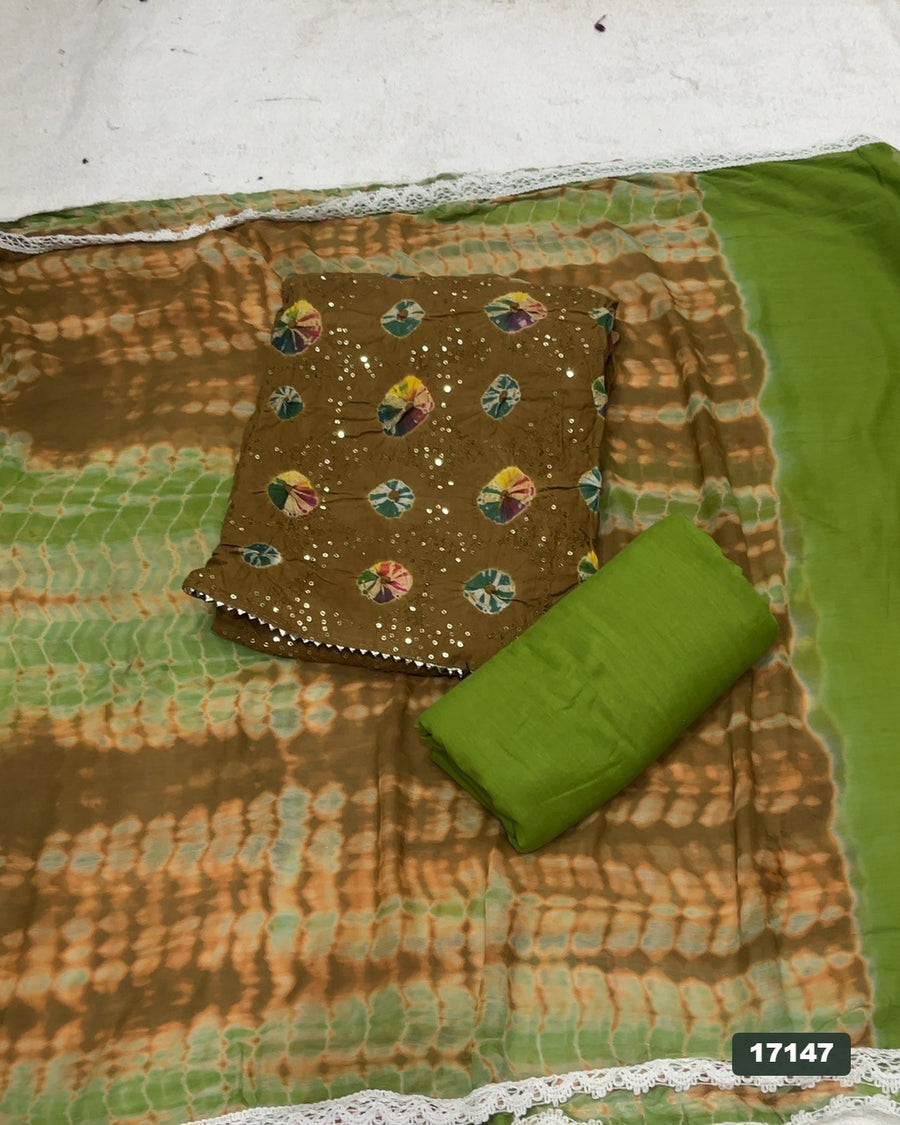 Bandhej Cotton Silk Embroidery Suit Set
