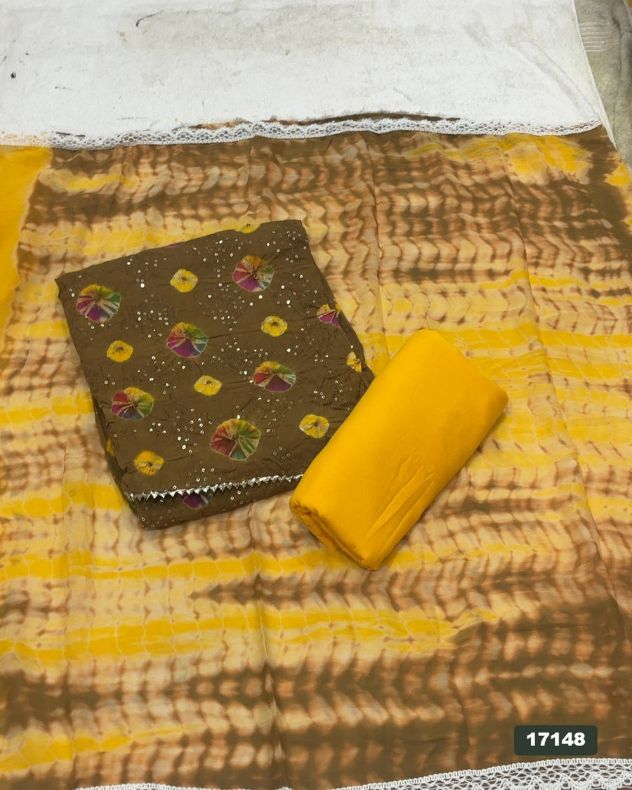 Bandhej Cotton Silk Embroidery Suit Set