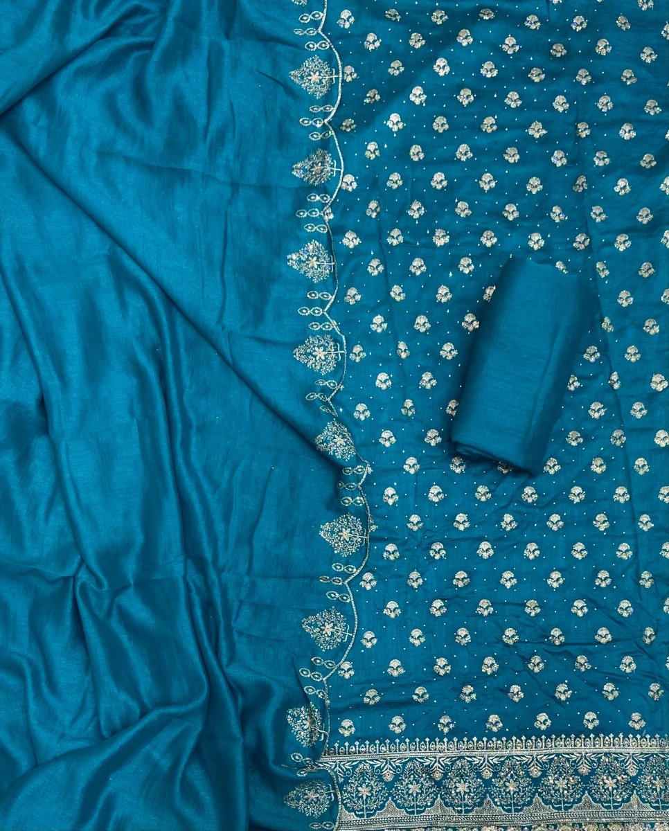 Special Vichitra Heavy Zari & Swarovski Work Suit Set (Heavy Cut Work Dupatta) - Yanchi